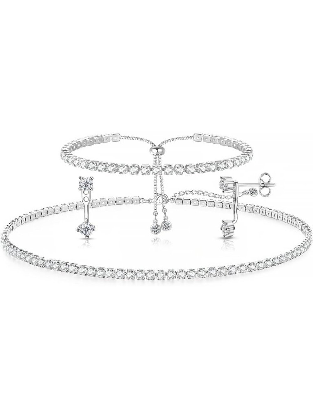 Elegant Tennis Jewelry Set for Women - Diamond Necklace, Bracelets & Earrings